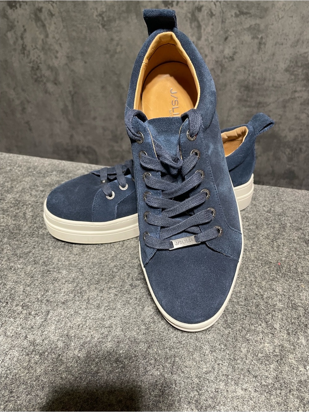 J/SLIDES Women's Navy Suede Platform Sneakers with White Sole